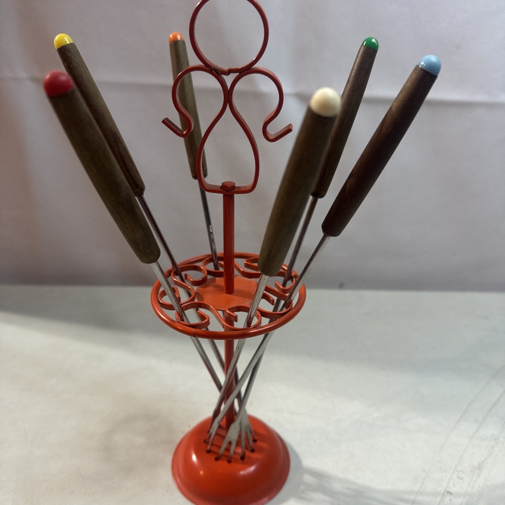 Vintage Fondue Fork & Orange Metal Stand Set Color Tips Teak Wood Handles MCM